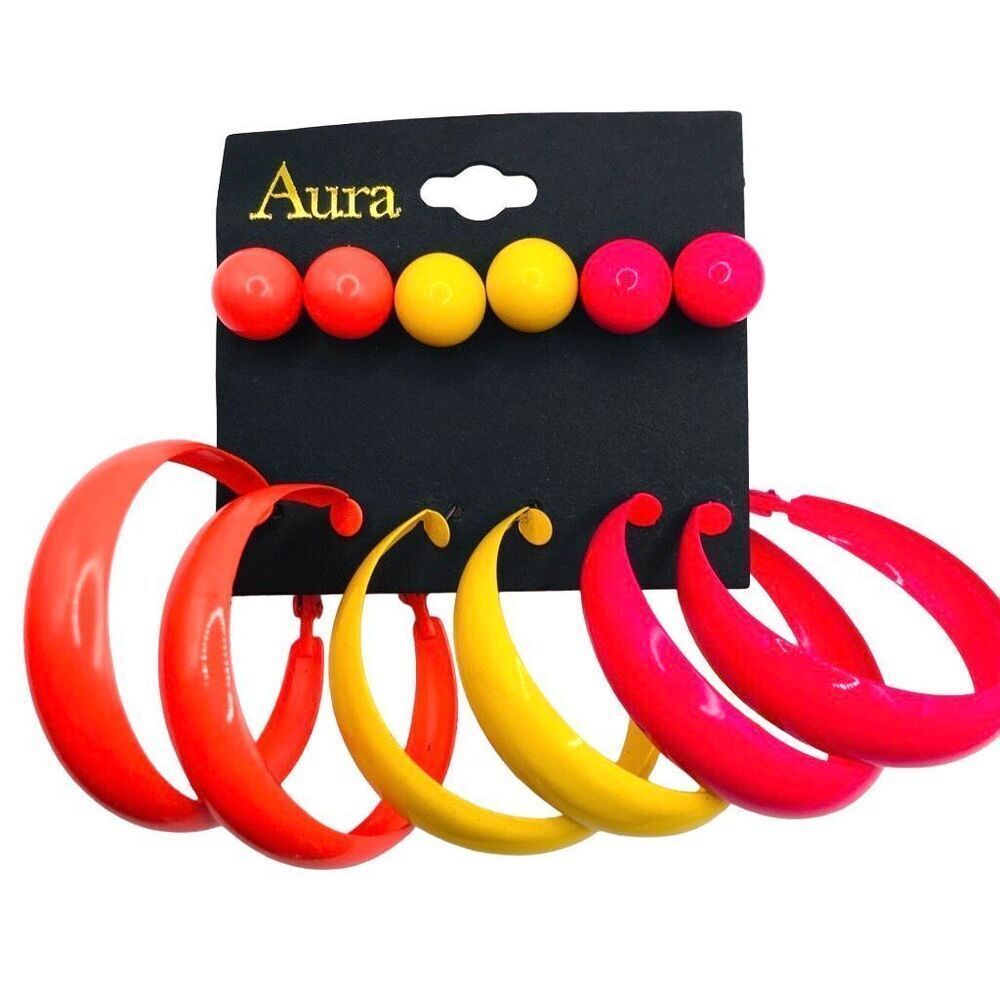 Retro 80s Style Gimme Gummy Neon Enamel Hoop and Stud Earring Set by Aura